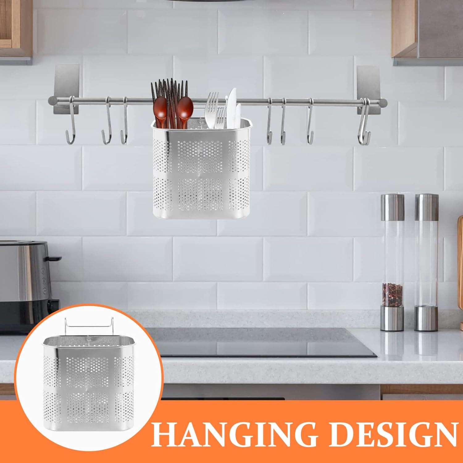 Stainless Steel Utensil Holder, Kitchen Wall Hanging Steel Cutlery Holder Organizer Rack, Multifunctional Chopstick Basket, Silverware Caddy Cutlery Rack, Drying Rack Basket Holder with Hooks Stainless Steel Utensil Holder, Kitchen Wall Hanging Steel Cutlery Holder Organizer Rack, Multifunctional Chopstick Basket, Silverware Caddy Cutlery Rack, Drying Rack Basket Holder with Hooks